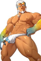 Rule 34 | 1boy, abs, aegir (housamo), aegir (swimsuit) (housamo), anchor earrings, aqua hair, bad id, bad twitter id, bara, bare pectorals, beard, blue eyes, bulge, clothes pull, dark-skinned male, dark skin, earrings, facial hair, feet out of frame, fins, fish boy, from below, hidora art, highres, jewelry, large pectorals, looking at viewer, looking down, male focus, male swimwear, male swimwear pull, male underwear, male underwear pull, mature male, multicolored hair, muscular, muscular male, navel, nipples, pectorals, print male swimwear, print swim briefs, print swimsuit, pulled by self, short hair, single earring, solo, stomach, streaked hair, swim briefs, swim briefs pull, swimsuit, thick thighs, thighs, tokyo houkago summoners, underwear, wet, white hair, white male swimwear, white swim briefs