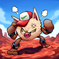 Rule 34 | 2018, anger vein, angry, baseball cap, blue sky, cloud, creature, creatures (company), day, full body, game freak, gen 1 pokemon, hat, highres, legs apart, looking to the side, nintendo, no humans, outdoors, pokemon, pokemon (anime), pokemon (classic anime), pokemon (creature), primeape, ravenousruss, signature, sky, solo, standing, upper body