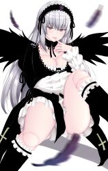 Rule 34 | 1girl, absurdres, arm under breasts, bad id, bad pixiv id, black collar, black dress, black hairband, black ribbon, black socks, black wings, blurry, blurry foreground, blush, breasts, chin gero, cleavage, collar, commentary request, cross, doll joints, dress, falling feathers, feathers, finger to mouth, flower, frilled dress, frilled sleeves, frilled socks, frills, gothic lolita, grey hair, hair between eyes, hairband, hand up, highres, index finger raised, inverted cross, joints, kneehighs, large breasts, layered dress, leg up, lolita fashion, lolita hairband, long hair, long sleeves, looking at viewer, neck ribbon, parted lips, purple eyes, purple feathers, purple flower, purple rose, ribbon, rose, rozen maiden, seductive smile, sidelocks, simple background, sitting, sleeves past wrists, smile, socks, solo, suigintou, teeth, two-tone dress, upper teeth only, very long hair, white background, white dress, wings