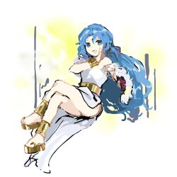 Rule 34 | 1girl, aqua eyes, blue hair, breasts, character request, commentary request, copyright request, curly hair, dress, gold bracelet, gold footwear, hand fan, highres, holding, holding fan, invisible chair, kaigen 1025, long hair, open mouth, parted bangs, sitting, sketch, small breasts, smile, thighs, white dress