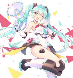 Rule 34 | 1girl, aqua eyes, aqua hair, bare shoulders, blush, breasts, commentary request, covered navel, e (eokiba), hatsune miku, highres, holding, holding megaphone, leotard, long hair, looking at viewer, mechanical legs, megaphone, one eye closed, open mouth, small breasts, smile, solo, twintails, very long hair, vocaloid, white leotard