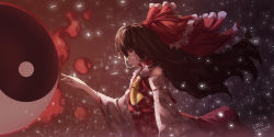 Rule 34 | 1girl, absurdres, arm at side, arm up, artist name, ascot, bow, brown hair, cowboy shot, dated, detached sleeves, expressionless, fire, from side, gradient background, hair blowing, hair bow, hair tubes, hakurei reimu, highres, lab2linch, light particles, long hair, looking to the side, midriff peek, orb, profile, red skirt, red vest, ribbon-trimmed sleeves, ribbon trim, skirt, skirt set, solo, touhou, very long hair, vest, wind, yellow ascot, yellow eyes, yin yang, yin yang orb