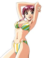 Rule 34 | 1990s (style), 1girl, arm grab, armpits, arms up, bikini, breasts, brown eyes, covered erect nipples, cowboy shot, highres, looking at viewer, medium breasts, navel, official art, open mouth, red eyes, retro artstyle, sawada minako, short hair, simple background, solo, striped bikini, striped clothes, swimsuit, teeth, upper teeth only, white background, yamada masaki, zenkoku seifuku bishoujo grand prix