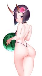 Rule 34 | 1girl, absurdres, ass, backless outfit, ball, bare arms, bare shoulders, beachball, blush, bob cut, boruhis, breasts, casual one-piece swimsuit, closed mouth, commentary request, eyes visible through hair, fate/grand order, fate (series), flower, from behind, furrowed brow, hair flower, hair ornament, hair over one eye, hairclip, hibiscus, highres, holding, holding ball, holding beachball, horns, looking at viewer, looking back, no pupils, one-piece swimsuit, oni, parted bangs, pink flower, purple eyes, purple hair, purple one-piece swimsuit, short hair, shoulder blades, shuten douji (fate), simple background, skin-covered horns, small breasts, solo, standing, swimsuit, thighs, thong, watermelon beachball, white background