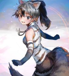 Rule 34 | 10s, 1girl, :d, aardwolf (kemono friends), animal ears, bare shoulders, black hair, black ribbon, blush, commentary, elbow gloves, gloves, grey hair, hair between eyes, highres, kemono friends, looking at viewer, looking to the side, multicolored hair, neck ribbon, open mouth, ponytail, ribbon, shirt, smile, solo, standing, streaked hair, striped clothes, striped shirt, tail, treeware