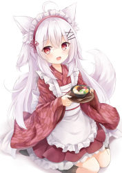 Rule 34 | 1girl, :d, ahoge, animal ear fluff, animal ears, anmitsu (dessert), apron, bad id, bad pixiv id, black socks, bowl, commentary request, fox ears, fox girl, fox tail, frilled apron, frilled skirt, frills, hair between eyes, hair ornament, hairclip, highres, holding, japanese clothes, kata rosu, kimono, kneehighs, long hair, maid, maid apron, maid headdress, no shoes, open mouth, original, pleated skirt, print kimono, red eyes, red kimono, sitting, skirt, smile, socks, solo, spoon, tail, two side up, very long hair, wa maid, wariza, white apron, white background, white hair, x hair ornament, yagasuri