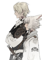 Rule 34 | 1boy, 1girl, animal ears, blonde hair, cat ears, closed mouth, commentary, crossed arms, dagger, facial mark, final fantasy, final fantasy xiv, from side, hyur, jacket, jikawa, knife, lips, miqo&#039;te, neck tattoo, profile, short hair, sidelocks, simple background, smile, tattoo, thancred waters, upper body, weapon, whisker markings, white background, white hair, white jacket, y&#039;shtola rhul