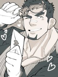 Rule 34 | 1boy, adjusting eyewear, bandaid, bandaid on face, bandaid on nose, bara, facial hair, gloves, goatee, holding, holding letter, kyoichi (live a hero), letter, light blush, live a hero, looking at viewer, love letter, male focus, mature male, muscular, muscular male, official alternate costume, one eye closed, pectoral cleavage, pectorals, pon20021202, shirt, short hair, sideburns, solo, striped clothes, striped shirt, upper body