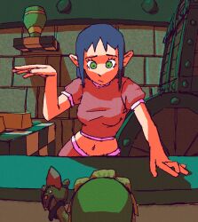 1boy 1girl bombchu_bowling_girl counter deku_link gloves green_eyes hand_up hat indoors link looking_at_another midriff navel nintendo pantsu-ripper pointy_ears purple_hair rupee_(zelda) short_hair the_legend_of_zelda the_legend_of_zelda:_majora&#039;s_mask