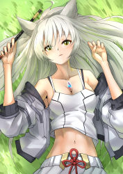 Rule 34 | 1girl, animal ears, breasts, cat ears, chest jewel, cleavage, collarbone, deekei, flute, grass, grey hair, highres, instrument, jacket, light blush, long hair, looking at viewer, lying, mio (xenoblade), navel, off shoulder, on back, parted lips, solo, spoilers, stomach, toned, upper body, xenoblade chronicles (series), xenoblade chronicles 3