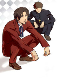 Rule 34 | 2boys, bad id, bad pixiv id, blue eyes, brown eyes, brown hair, butubutubutubutu, cross, cross necklace, facial hair, fate/zero, fate (series), formal, goatee, jewelry, kotomine kirei, male focus, multiple boys, necklace, ribbon, squatting, suit, tohsaka tokiomi