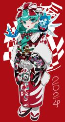 Rule 34 | 1girl, animal, animal on shoulder, blue bow, blue wings, bow, chamaruk, chinese zodiac, cirno, dragon, frilled ribbon, frills, front ponytail, full body, green eyes, green hair, hair bow, hair ribbon, happy new year, highres, ice, ice wings, japanese clothes, kagiyama hina, kimono, looking at viewer, new year, red background, red theme, ribbon, smile, touhou, wings, year of the dragon