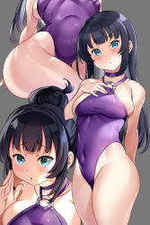 Rule 34 | 1girl, bare shoulders, black hair, blush, breasts, choker, collarbone, covered navel, green eyes, grey background, hair bun, highres, hip focus, large breasts, long hair, looking at viewer, o-ring, one-piece swimsuit, single hair bun, solo, swimsuit, tem10, thick thighs, thighs, wide hips