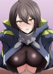 Rule 34 | 1boy, 1girl, ahoge, azur lane, baltimore (azur lane), black shirt, blue coat, blush, braid, breasts, breasts squeezed together, brown hair, clothed female nude male, clothing cutout, coat, commentary, french braid, gloves, hair between eyes, hetero, highres, hood, hood down, hooded coat, large breasts, long sleeves, looking at viewer, makiri akira, motion blur, motion lines, multicolored coat, nude, open mouth, paizuri, paizuri under clothes, penis, purple background, shirt, short hair, sidelocks, simple background, solo focus, taut clothes, taut shirt, underboob, underboob cutout, upper body, white gloves, yellow eyes
