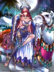 Rule 34 | 1girl, anklet, barefoot, barefoot sandals (jewelry), beko-atwks, breasts, camel, cape, cleavage, coconut tree, company name, copyright name, full body, gem, grass, gyakushuu no fantasica, horns, jewelry, long hair, moon, necklace, night, night sky, official art, palm tree, pointy ears, purple eyes, red hair, ring, sky, solo, tree