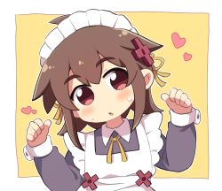 Rule 34 | 1girl, ahoge, apron, black dress, blush, brown hair, chestnut mouth, collared dress, commentary request, dokuta, dress, frilled apron, frills, hair between eyes, hands up, head tilt, heart, highres, long sleeves, maid, maid apron, maid headdress, original, parted lips, red eyes, sleeves past wrists, solo, thick eyebrows, two-tone background, upper body, white apron, white background, yellow background