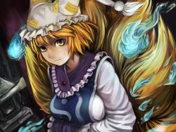 Rule 34 | 1girl, bad id, bad pixiv id, blonde hair, blue fire, dress, female focus, fire, fox tail, hands in opposite sleeves, hat, hat with ears, lide90, long sleeves, looking at viewer, multiple tails, ofuda, short hair, solo, tabard, tail, touhou, white dress, yakumo ran, yellow eyes