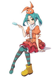 Rule 34 | 1girl, :q, aqua hair, boots, bright pupils, center frills, commentary request, dress, food, food on face, frills, googly eyes, green eyes, hat, highres, holding, holding food, holding popsicle, invisible chair, layered dress, looking at viewer, monogatari (series), nishizuki shino, ononoki yotsugi, orange dress, orange hat, pantyhose, popsicle, puffy sleeves, rubber boots, short eyebrows, short twintails, sidelocks, simple background, single boot, sitting, solo, striped clothes, striped pantyhose, thick eyebrows, tongue, tongue out, tsukimonogatari, twintails, white background, white pupils, yellow footwear