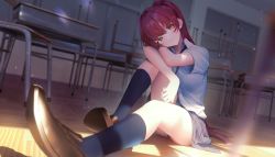 Rule 34 | 1girl, alternate costume, arm rest, aya (lezon), blurry, breasts, brown footwear, chair, classroom, collared shirt, commentary, depth of field, desk, grey skirt, head rest, head tilt, heterochromia, highres, hololive, houshou marine, indoors, knee up, kneehighs, light particles, loafers, looking at viewer, loose necktie, necktie, on floor, pleated skirt, ponytail, red eyes, red hair, school desk, school uniform, shirt, shoes, short sleeves, skirt, socks, solo, thighhighs, thighs, virtual youtuber, white shirt, wooden floor, yellow eyes