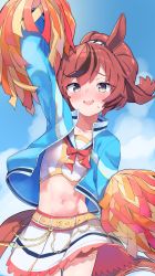 Rule 34 | 1girl, absurdres, animal ears, arm up, belt, blue jacket, blue sky, blush, breasts, brown eyes, brown hair, cheerleader, cloud, collarbone, commentary request, cowboy shot, crop top, day, flying sweatdrops, frilled skirt, frills, groin, hair between eyes, highres, holding, holding pom poms, horse ears, horse girl, horse tail, jacket, long hair, long sleeves, looking at viewer, midriff, motion lines, multicolored hair, navel, nice nature (run&amp;win) (umamusume), nice nature (umamusume), official alternate costume, open clothes, open jacket, open mouth, orange shorts, pom pom (cheerleading), pom poms, ponytail, shirt, shorts, shorts under skirt, sidelocks, skirt, sky, small breasts, solo, standing, streaked hair, sutora binsuke, sweat, tail, umamusume, white shirt, white skirt, yellow belt