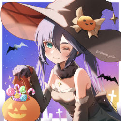 Rule 34 | 1girl, ;), alternate costume, aqua eyes, bare shoulders, bat (animal), black gloves, black hair, black hat, blush, breasts, cleavage, closed mouth, detached sleeves, fur collar, genshin impact, gloves, hair between eyes, halloween, halloween bucket, halloween costume, hat, hat ornament, highres, holding, long hair, long sleeves, looking at viewer, mona (genshin impact), mona (halloween) (genshin impact), nanamo yado, one eye closed, pumpkin hat ornament, signature, small breasts, smile, solo, tombstone, twintails, twitter username, witch hat