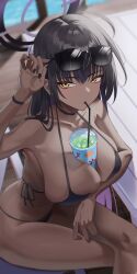 Rule 34 | 1girl, absurdres, ahoge, bare arms, bare legs, bare shoulders, bikini, black bikini, black hair, black nails, blue archive, blurry, blurry background, blush, breasts, cleavage, collarbone, dark-skinned female, dark skin, drinking, drinking straw, drinking straw in mouth, feet out of frame, fingernails, hair between eyes, halo, highres, huge breasts, karin (blue archive), long hair, looking at viewer, nail polish, ojisan kamo shiremasen, purple halo, sitting, solo, sunglasses, swimsuit, thighs, yellow eyes