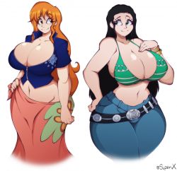 Rule 34 | 2girls, ass, belt, bikini, black hair, blue eyes, breasts, cosplay, costume switch, curvy, female focus, highres, huge ass, large breasts, looking at another, multiple girls, nami (one piece), nico robin, one piece, orange eyes, orange hair, smile, swimsuit, towel