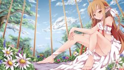Rule 34 | 10s, 1girl, ankle ribbon, asuna (sao), barefoot, brown eyes, brown hair, cage, dying0414, ear covers, elf, feet, flower, highres, leg ribbon, long hair, long legs, pointy ears, ribbon, sitting, solo, sword art online, titania (sao), toes, tree