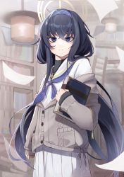 Rule 34 | 1girl, absurdres, black eyes, black hair, blue archive, blurry, book, bookshelf, carrying, commentary request, depth of field, eyes visible through hair, hair between eyes, hairband, halo, highres, jewelry, library, long hair, long sleeves, looking at viewer, low twintails, megu (pixiv9460065), necklace, paper, pleated skirt, school uniform, serafuku, sidelocks, skirt, solo, sweater, turtleneck, twintails, ui (blue archive)