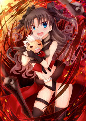 Rule 34 | 1girl, :d, anger vein, archer (fate), archer (fate) (cosplay), black hair, blue eyes, chibi, cosplay, fate/stay night, fate (series), gradient background, hair ribbon, highres, kanshou &amp; bakuya (fate), midriff, navel, official alternate costume, open mouth, ribbon, smile, soda (sodachuxd), solo focus, tohsaka rin, two side up, white hair