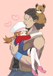 Rule 34 | 1boy, 1girl, arm around shoulder, biker (pokemon), blue overalls, blush, bousouzoku, brown hair, carrying, closed eyes, commentary request, creatures (company), delinquent, eyelashes, game freak, gen 2 pokemon, hat, heart, lowres, lyra (pokemon), nintendo, on head, over-kneehighs, overalls, pink background, pink footwear, pokemon, pokemon (creature), pokemon hgss, pokemon on head, shoes, size difference, sleeves past elbows, smile, teddiursa, thighhighs, twintails, white headwear, white thighhighs, yotsu (ijigen)
