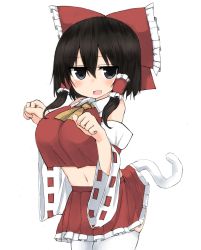 Rule 34 | 1girl, ascot, black eyes, black hair, blush, breasts, cat tail, commentary request, cowboy shot, detached sleeves, golgi hon, hair between eyes, hair tubes, hakurei reimu, highres, jitome, kemonomimi mode, large breasts, looking at viewer, midriff, miniskirt, navel, open mouth, ribbon-trimmed sleeves, ribbon trim, sidelocks, simple background, skirt, smile, solo, stomach, tail, thighhighs, touhou, white background, white thighhighs, wide sleeves, zettai ryouiki