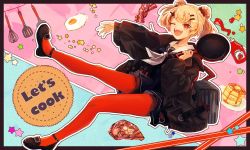 Rule 34 | 1girl, absurdres, akebisousaku, arknights, bacon, bag, black footwear, black jacket, blonde hair, blue dress, border, brown border, butter, commentary request, dress, egg, egg (food), english text, food, food-themed hair ornament, frying pan, full body, gummy (arknights), hair ornament, hairclip, highres, holding, holding frying pan, jacket, ketchup, ketchup bottle, long sleeves, looking at viewer, one eye closed, open clothes, open jacket, open mouth, orange pantyhose, outline, outside border, pancake, pantyhose, sailor collar, short hair, smile, solo, spatula, star (symbol), steak, strappy heels, teeth, upper teeth only, whisk, white outline