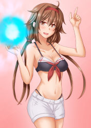 Rule 34 | 1girl, adapted costume, anti (untea9), bikini, bikini under clothes, black bikini, breasts, brown eyes, brown hair, cleavage, collarbone, commentary, energy ball, glowing, hair between eyes, hair flaps, hairband, hand up, highres, index finger raised, kantai collection, long hair, looking at viewer, low twintails, medium breasts, navel, open mouth, orange eyes, red background, red hairband, shiratsuyu (kancolle), shiratsuyu kai ni (kancolle), shorts, smile, swimsuit, twintails, white shorts