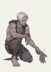 Rule 34 | 1boy, ancient greek clothes, barefoot, dark-skinned male, dark skin, flower (symbol), gorget, greco-roman clothes, hades (series), hades 1, highres, leggings, male focus, nishiki areku, on one knee, parted bangs, smile, stuffed animal, stuffed mouse, stuffed toy, thanatos (hades), white hair, yellow eyes
