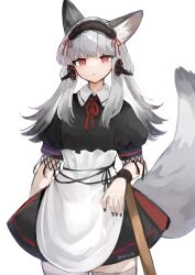 Rule 34 | 1girl, andou yuna, animal ears, arknights, black dress, black nails, collared dress, cowboy shot, dress, fox ears, fox girl, fox tail, frostleaf (arknights), grey hair, grey thighhighs, headphones, highres, long hair, looking at viewer, maid, neck ribbon, parted lips, red eyes, red ribbon, ribbon, short sleeves, simple background, tail, thighhighs, twitter username, white background