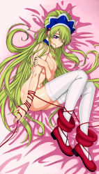 Rule 34 | 1boy, breasts, covering privates, covering breasts, crossdressing, green hair, hair in own mouth, highres, ixion saga, large breasts, long hair, mariandale, nude, red string, shoes, string, strongwang qq, thighhighs, trap, very long hair