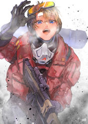 Rule 34 | 1girl, absurdres, ace of sparks wattson, animification, apex legends, bad id, bad pixiv id, black gloves, blonde hair, blue eyes, breath, dust, facial scar, gloves, goggles, goggles on head, gun, highres, holding, holding gun, holding weapon, jacket, kawaniwa, mask, mask around neck, official alternate costume, open mouth, purple headwear, red jacket, rifle, scar, scar on cheek, scar on face, scope, sentinel esr, smile, sniper rifle, solo, wattson (apex legends), weapon