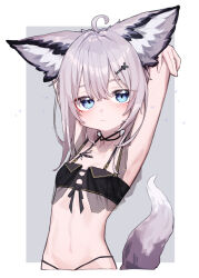 Rule 34 | 1girl, absurdres, ahoge, animal ears, arknights, armpits, arms behind head, arms up, beudelb, bikini, black bikini, blue eyes, breasts, closed mouth, commentary, cropped torso, fox ears, fox girl, fox tail, hair between eyes, hair ornament, hairclip, highres, looking at viewer, material growth, medium hair, official alternate costume, oripathy lesion (arknights), purple hair, small breasts, solo, sussurro (arknights), sussurro (summer flower) (arknights), swimsuit, tail