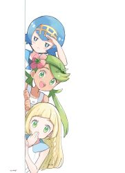 Rule 34 | 3girls, :&lt;, artist name, bad id, bad twitter id, bare shoulders, blonde hair, blue eyes, blue hair, blue sailor collar, blush, braid, closed mouth, collarbone, covering own mouth, creatures (company), dark-skinned female, dark skin, dress, female focus, flat chest, flower, game freak, green eyes, green hair, green hairband, hair flower, hair ornament, hairband, half-closed eyes, hand up, happy, highres, jpeg artifacts, lana (pokemon), light blush, lillie (pokemon), long hair, looking at viewer, mallow (pokemon), matching hair/eyes, mei (maysroom), multiple girls, nintendo, open mouth, overalls, peeking out, pink flower, pokemon, pokemon sm, sailor collar, shading eyes, shirt, short hair, signature, simple background, sleeveless, sleeveless dress, smile, swept bangs, teeth, twintails, upper body, white background, white dress, white shirt, yellow hairband