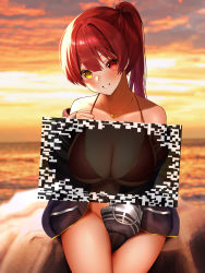 Rule 34 | 1girl, beach, between legs, bikini, blurry, blurry background, bottomless, breasts, ch r y, cleavage, fluttering heart illusion, hair between eyes, hand between legs, heterochromia, highres, hololive, houshou marine, houshou marine (summer), jacket, jacket over swimsuit, jewelry, large breasts, looking at viewer, meme, necklace, off shoulder, outdoors, parted lips, ponytail, red bikini, red eyes, red hair, sand, sitting, sky, smile, sunset, swimsuit, virtual youtuber, water, yellow eyes