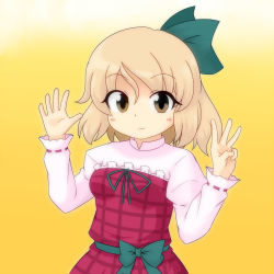 Rule 34 | 1girl, artist request, beerko, blonde hair, bow, dress, frilled dress, frills, green ribbon, hair ribbon, happy, highres, long sleeves, middle w, open hand, original, plaid, ribbon, short hair, simple background, smile, upper body, w, yellow background, yellow eyes