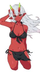Rule 34 | 1girl, bikini, black bikini, black eyes, breasts, cleavage, colored skin, commentary, green horns, highres, horns, long hair, looking at viewer, m k, medium breasts, oni, oni horns, original, pointy ears, red skin, side-tie bikini bottom, simple background, solo, swimsuit, symbol-only commentary, white background, white hair