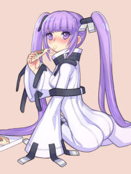Rule 34 | 1girl, ass, bad id, bad pixiv id, blush, bodysuit, c.c., c.c. (cosplay), code geass, cosplay, eating, folks (nabokof), food, hair tubes, long hair, looking back, pink background, pizza, pizza box, purple eyes, purple hair, skin tight, solo, sophie (tales), tales of (series), tales of graces, trait connection, twintails, very long hair, wide sleeves