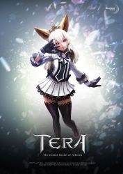 Rule 34 | 1girl, animal ears, artist request, black thighhighs, boots, copyright name, crown, dog ears, dress, elin, gloves, long hair, m/, \\n/, official art, purple eyes, short dress, solo, standing, standing on one leg, tera online, thighhighs, white dress, white hair, zettai ryouiki