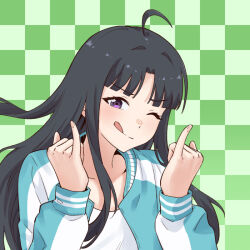Rule 34 | 1girl, ahoge, awa subaru, black hair, blue jacket, checkered background, closed mouth, collarbone, commentary request, floating hair, girls band cry, green background, jacket, licking lips, long hair, long sleeves, looking at viewer, one eye closed, parted bangs, partial commentary, pinky out, purple eyes, shirt, sidelocks, solo, summer left, tongue, tongue out, upper body, white shirt