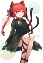 Rule 34 | 1girl, animal ears, ar (maeus), arm at side, black bow, black ribbon, blunt bangs, blush, bow, braid, cat ears, cat girl, cat tail, closed mouth, commentary, dress, fang, feet out of frame, frilled dress, frilled sleeves, frills, gothic lolita, green dress, hair bow, hand up, highres, kaenbyou rin, knees up, leg ribbon, legs together, lolita fashion, long hair, looking at viewer, multiple tails, red eyes, red hair, ribbon, simple background, sitting, skin fang, sleeves past wrists, slit pupils, smile, solo, tail, tail raised, tareme, touhou, twin braids, two tails, white background