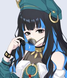 Rule 34 | 1girl, bare shoulders, beret, black hair, blue hair, bracelet, breasts, colored inner hair, fate/grand order, fate (series), green hat, green jacket, grey eyes, hat, highres, jacket, jewelry, long hair, looking at viewer, multicolored hair, neck ring, o-ring, off shoulder, round eyewear, sidelocks, small breasts, solo, sunglasses, tenochtitlan (fate), tenochtitlan (second ascension) (fate), unworn eyewear, vegabond (tumz4458), wavy hair, zipper