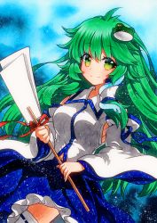 Rule 34 | 1girl, ahoge, bad id, bad pixiv id, blue background, blue ribbon, blue skirt, breasts, closed mouth, collared shirt, cowboy shot, detached sleeves, frog hair ornament, gohei, green eyes, green hair, hair between eyes, hair ornament, hair tubes, holding, holding stick, kochiya sanae, long hair, looking at viewer, medium breasts, navel, qqqrinkappp, red ribbon, ribbon, ribbon-trimmed legwear, ribbon-trimmed thighhighs, ribbon trim, shirt, skirt, sleeveless, sleeveless shirt, smile, snake hair ornament, solo, stick, thighhighs, touhou, traditional media, white shirt, white thighhighs, wide sleeves