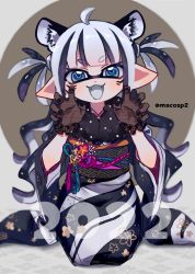 Rule 34 | 1girl, 2022, animal ears, black hair, blush, chinese zodiac, colored tongue, fangs, grey eyes, grey hair, grey tongue, inkling, inkling girl, inkling player character, looking at viewer, maco spl, multicolored hair, nintendo, open mouth, pointy ears, short hair, smile, solo, splatoon (series), tentacle hair, tiger ears, twitter username, year of the tiger
